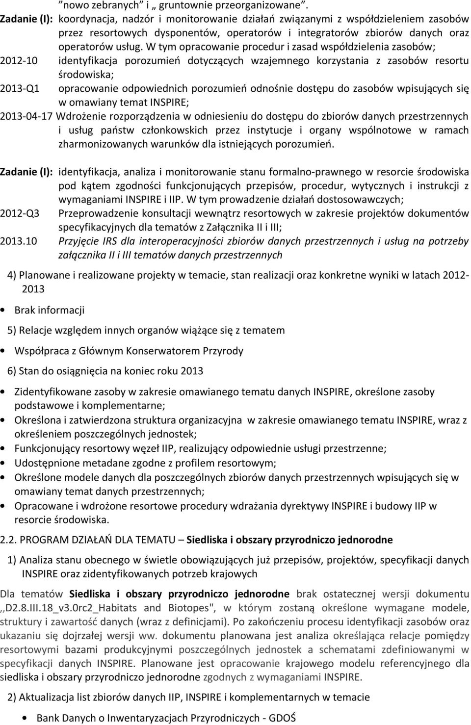 W tym opracowanie procedur i zasad współdzielenia zasobów; 2012-10 identyfikacja porozumień dotyczących wzajemnego korzystania z zasobów resortu środowiska; 2013-Q1 opracowanie odpowiednich