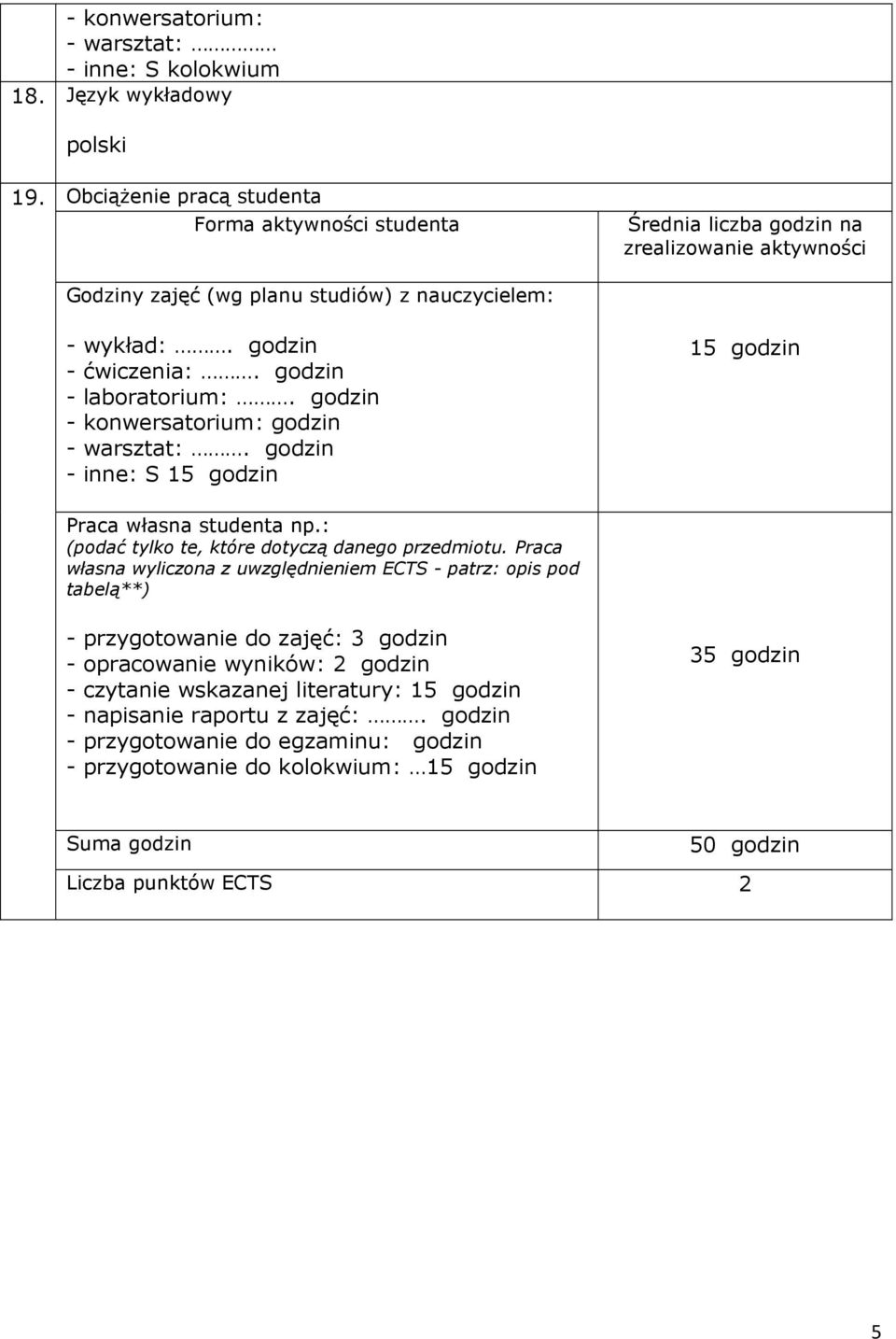 godzin - laboratorium:. godzin - konwersatorium: godzin - warsztat:. godzin - inne: S 15 godzin 15 godzin Praca własna studenta np.: (podać tylko te, które dotyczą danego przedmiotu.