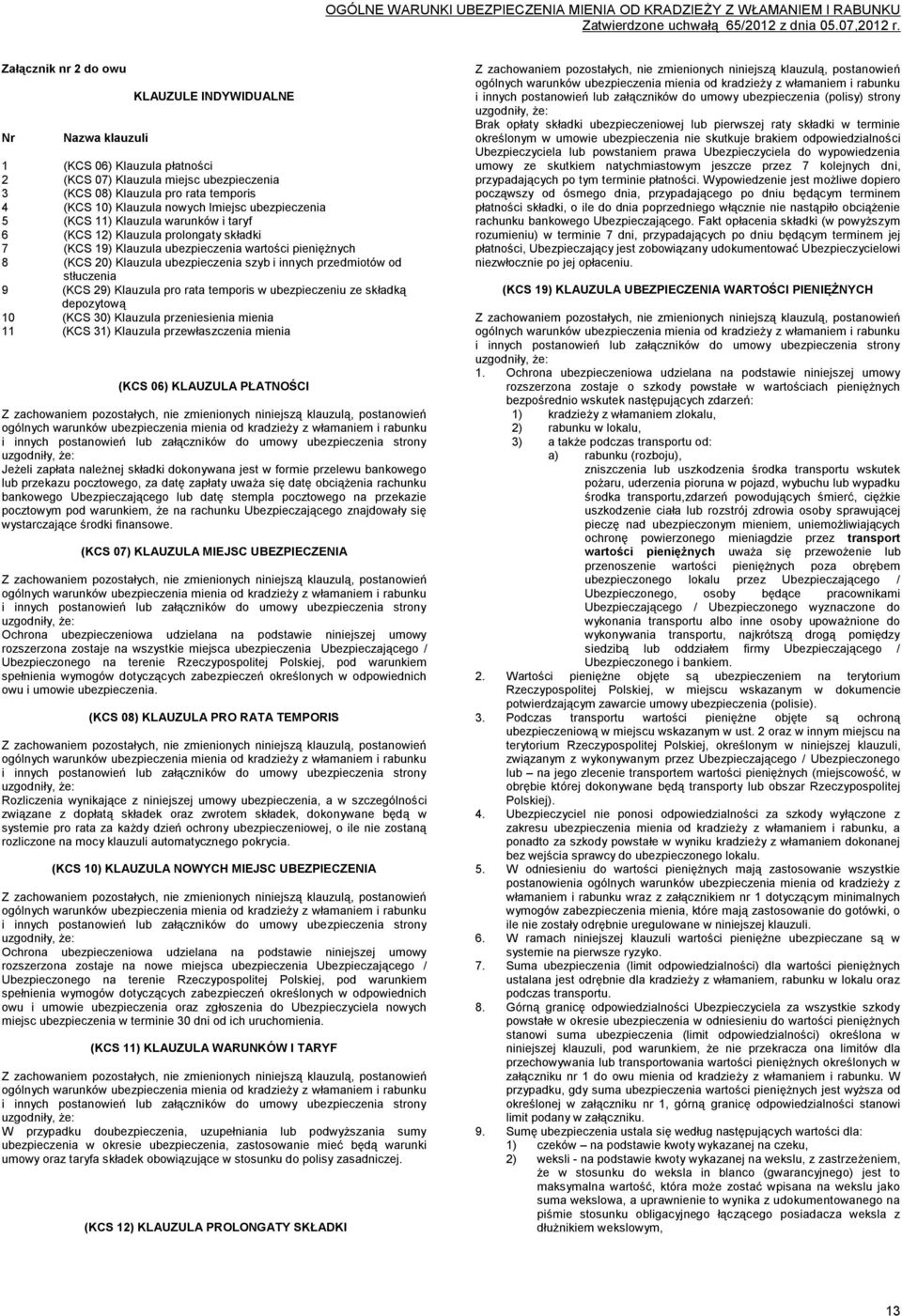 innych przedmiotów od stłuczenia 9 (KCS 29) Klauzula pro rata temporis w ubezpieczeniu ze składką depozytową 10 (KCS 30) Klauzula przeniesienia mienia 11 (KCS 31) Klauzula przewłaszczenia mienia (KCS