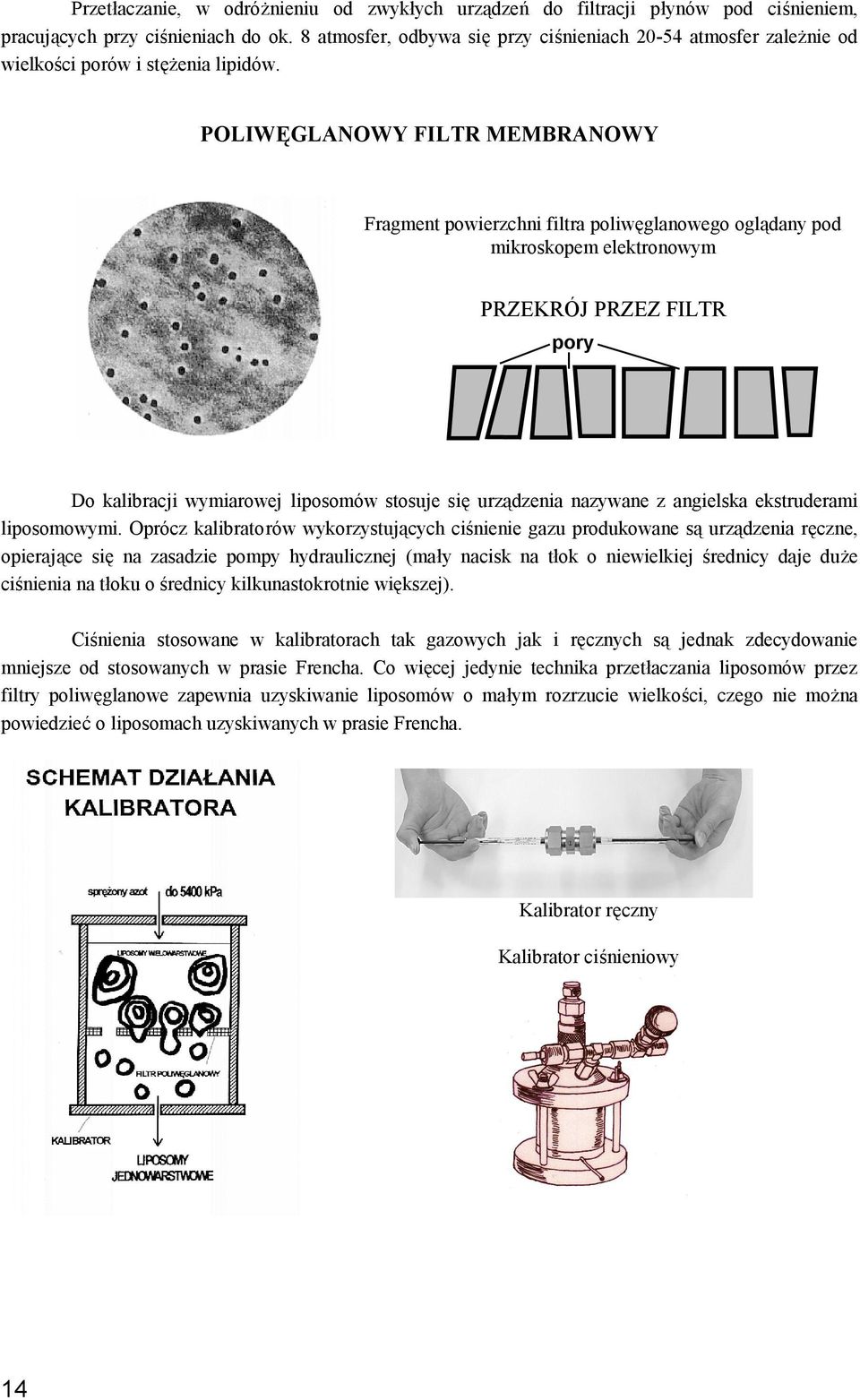 POLIWĘGLANOWY FILTR MEMBRANOWY Fragment powierzchni filtra poliwęglanowego oglądany pod mikroskopem elektronowym PRZEKRÓJ PRZEZ FILTR pory Do kalibracji wymiarowej liposomów stosuje się urządzenia