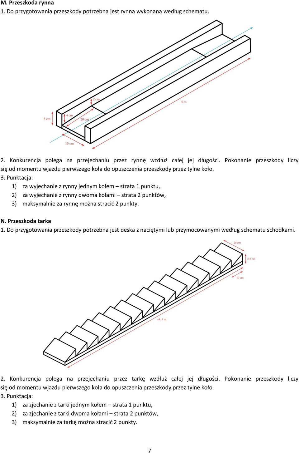 1) za wyjechanie z rynny jednym kołem strata 1 punktu, 2) za wyjechanie z rynny dwoma kołami strata 2 punktów, 3) maksymalnie za rynnę można stracić 2 punkty. N. Przeszkoda tarka 1.