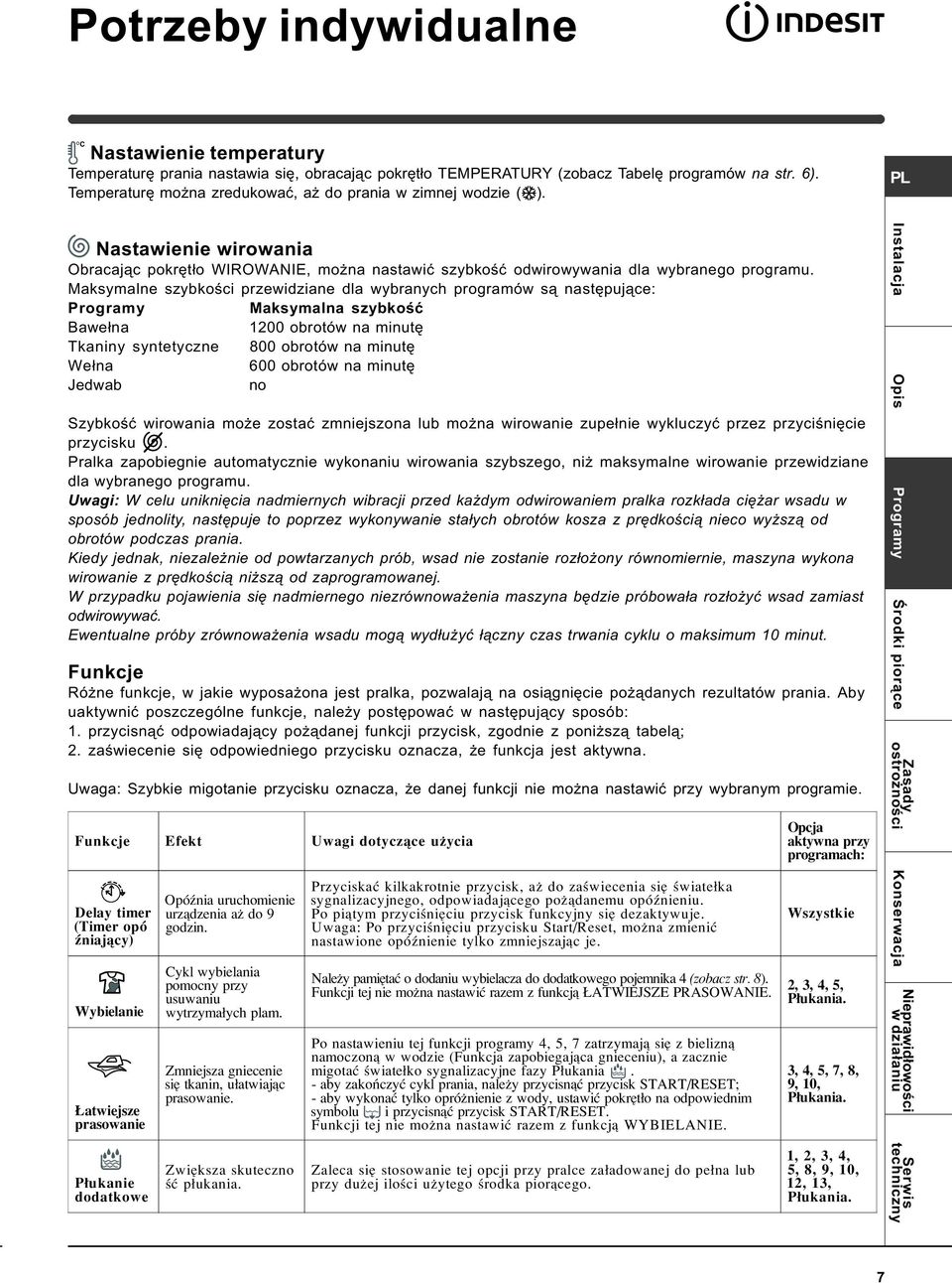 Maksymalne szybkoœci przewidziane dla wybranych programów s¹ nastêpuj¹ce: Programy Maksymalna szybkoœæ Bawe³na 1200 obrotów na minutê Tkaniny syntetyczne 800 obrotów na minutê We³na 600 obrotów na