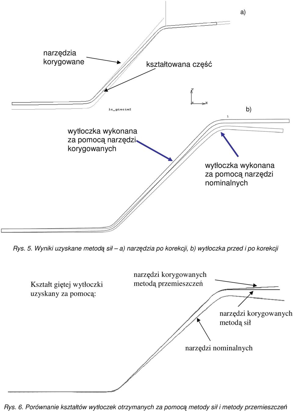 Wyniki uzyskane metod sił a) narzdzia po korekcji, b) wytłoczka przed i po korekcji Kształt gitej wytłoczki uzyskany za pomoc: