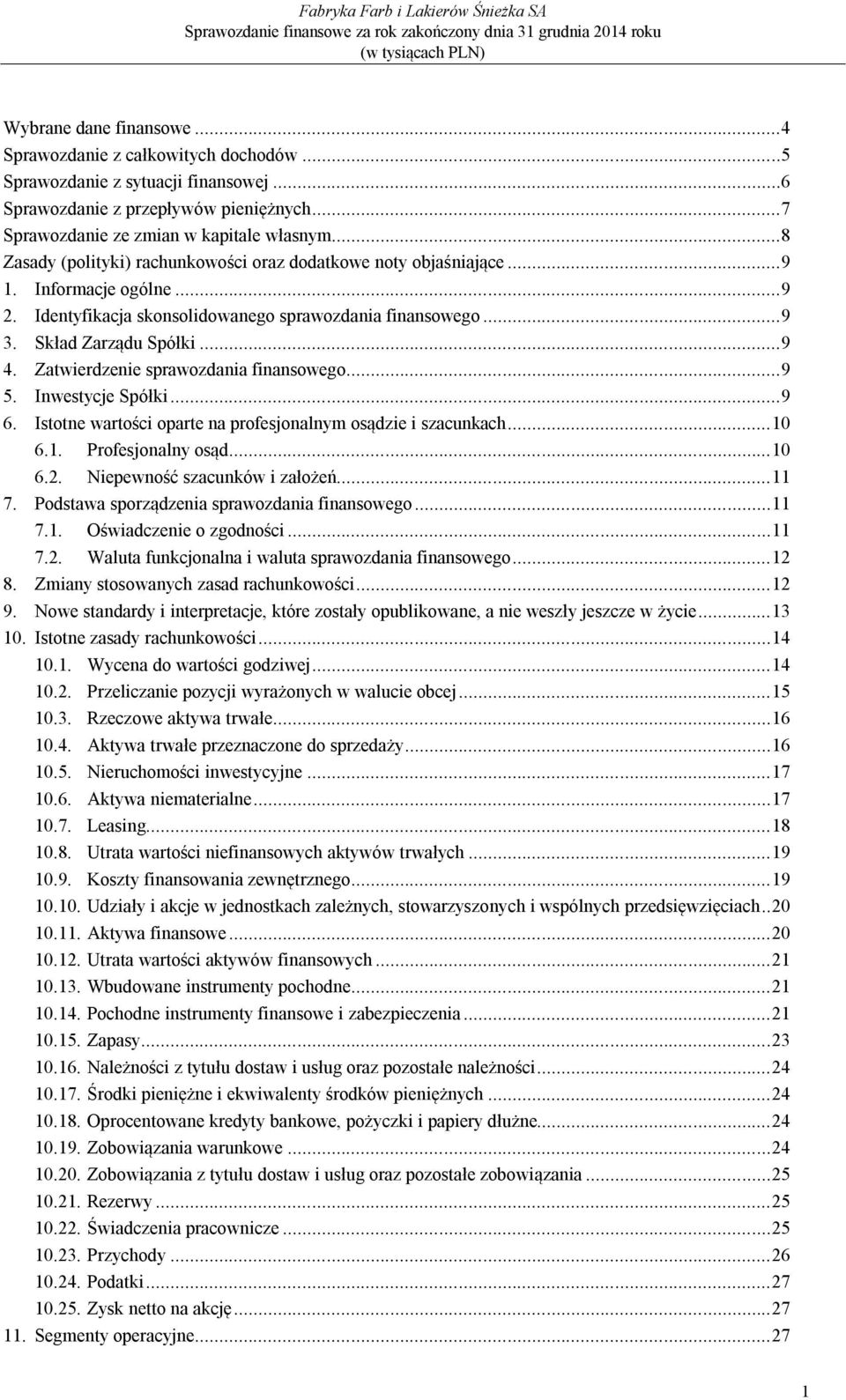 Zatwierdzenie sprawozdania finansowego...9 5. Inwestycje Spółki...9 6. Istotne wartości oparte na profesjonalnym osądzie i szacunkach... 10 6.1. Profesjonalny osąd... 10 6.2.