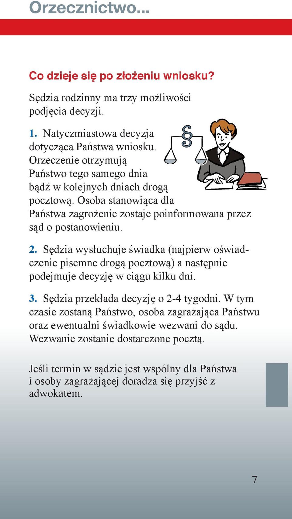 Sędzia wysłuchuje świadka (najpierw oświadczenie pisemne drogą pocztową) a następnie podejmuje decyzję w ciągu kilku dni. 3. Sędzia przekłada decyzję o 2-4 tygodni.