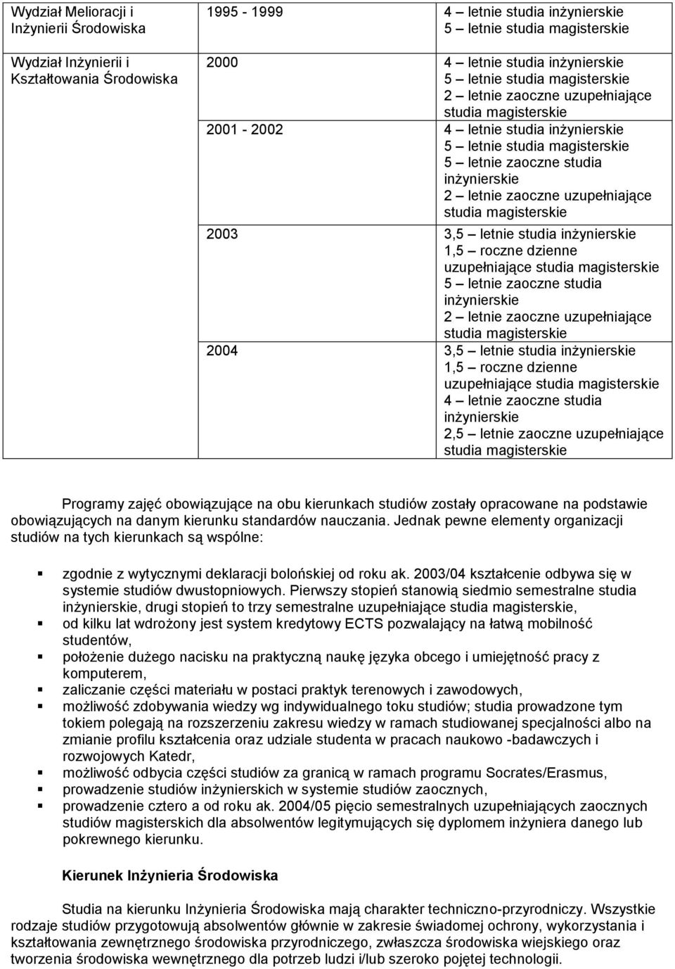 danym kierunku standardów nauczania. Jednak pewne elementy organizacji studiów na tych kierunkach są wspólne: zgodnie z wytycznymi deklaracji bolońskiej od roku ak.