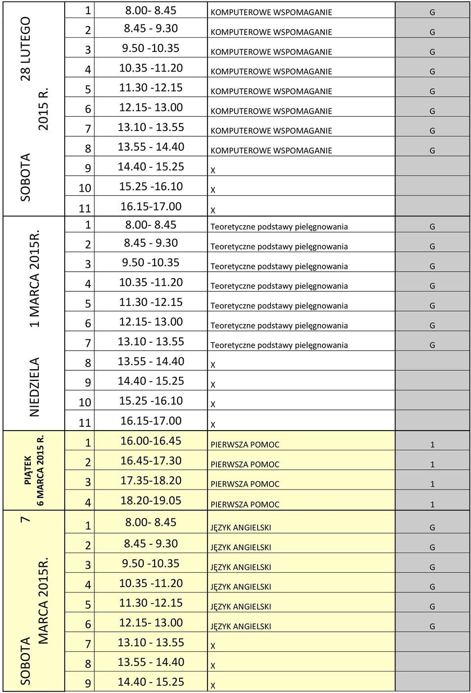 45 Teoretyczne podstawy pielęgnowania G 2 8.45-9.30 Teoretyczne podstawy pielęgnowania G 3 9.50-10.35 Teoretyczne podstawy pielęgnowania G 4 10.35-11.20 Teoretyczne podstawy pielęgnowania G 5 11.