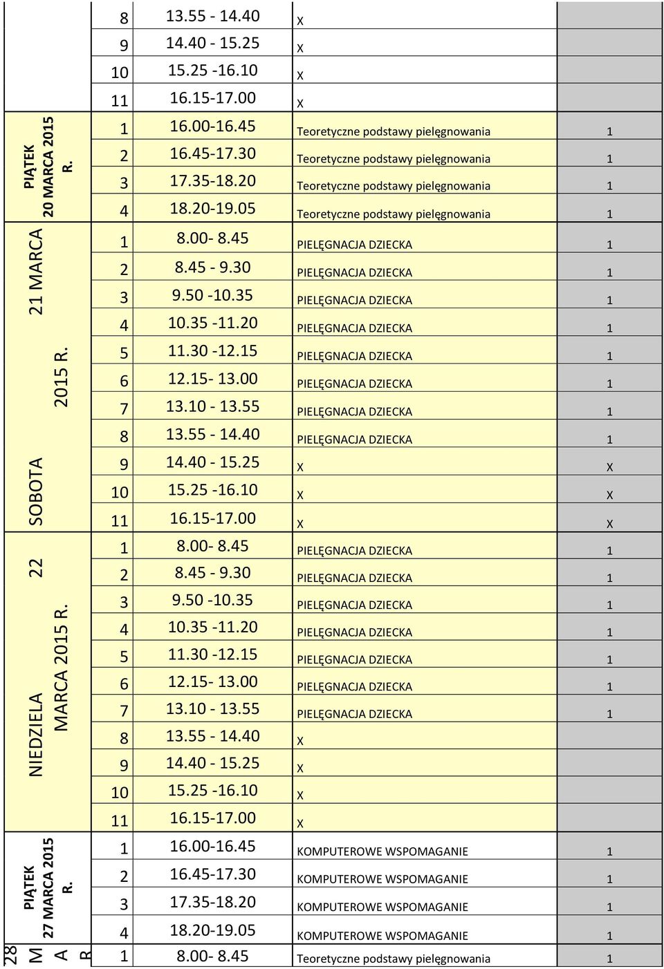 35-11.20 PIELĘGNACJA DZIECKA 1 5 11.30-12.15 PIELĘGNACJA DZIECKA 1 6 12.15-13.00 PIELĘGNACJA DZIECKA 1 7 13.10-13.55 PIELĘGNACJA DZIECKA 1 8 13.55-14.40 PIELĘGNACJA DZIECKA 1 X X X 1 8.00-8.