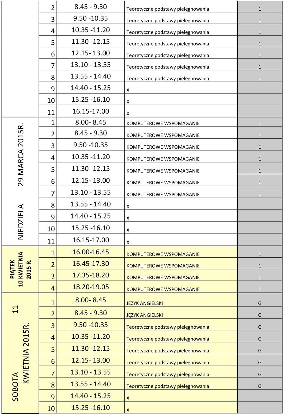 55-14.40 Teoretyczne podstawy pielęgnowania 1 1 8.00-8.45 KOMPUTEROWE WSPOMAGANIE 1 2 8.45-9.30 KOMPUTEROWE WSPOMAGANIE 1 3 9.50-10.35 KOMPUTEROWE WSPOMAGANIE 1 4 10.35-11.