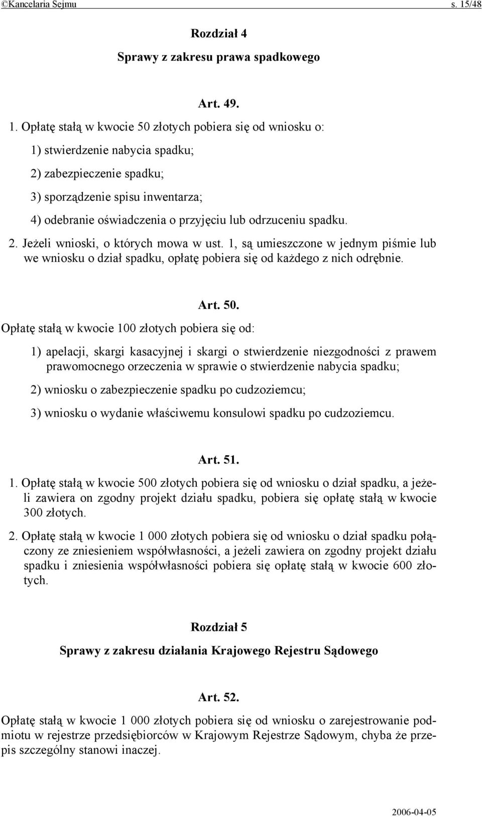 Opłatę stałą w kwocie 50 złotych pobiera się od wniosku o: 1) stwierdzenie nabycia spadku; 2) zabezpieczenie spadku; 3) sporządzenie spisu inwentarza; 4) odebranie oświadczenia o przyjęciu lub