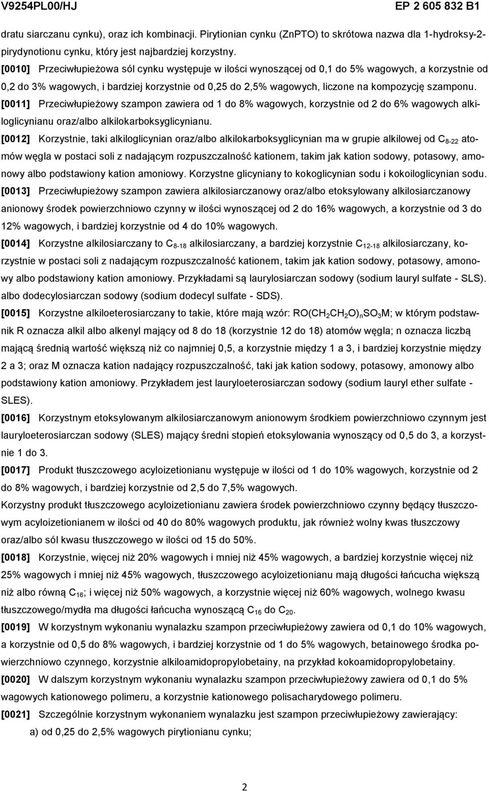 szamponu. [0011] Przeciwłupieżowy szampon zawiera od 1 do 8% wagowych, korzystnie od 2 do 6% wagowych alkiloglicynianu oraz/albo alkilokarboksyglicynianu.