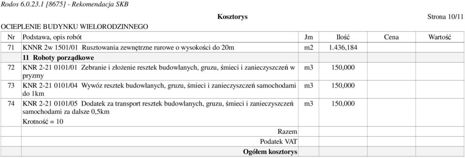 73 KNR 2-21 0101/04 Wywóz resztek budowlanych, gruzu, śmieci i zanieczyszczeń samochodami m3 150,000 do 1km 74 KNR 2-21 0101/05 Dodatek za