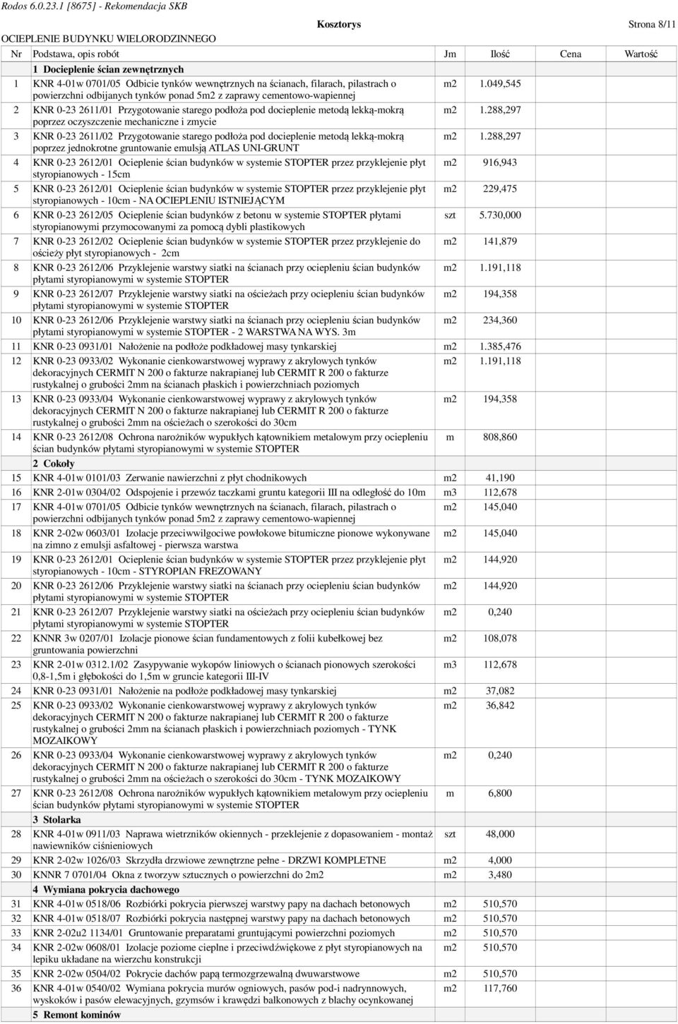 288,297 poprzez oczyszczenie mechaniczne i zmycie 3 KNR 0-23 2611/02 Przygotowanie starego podłoża pod docieplenie metodą lekką-mokrą m2 1.