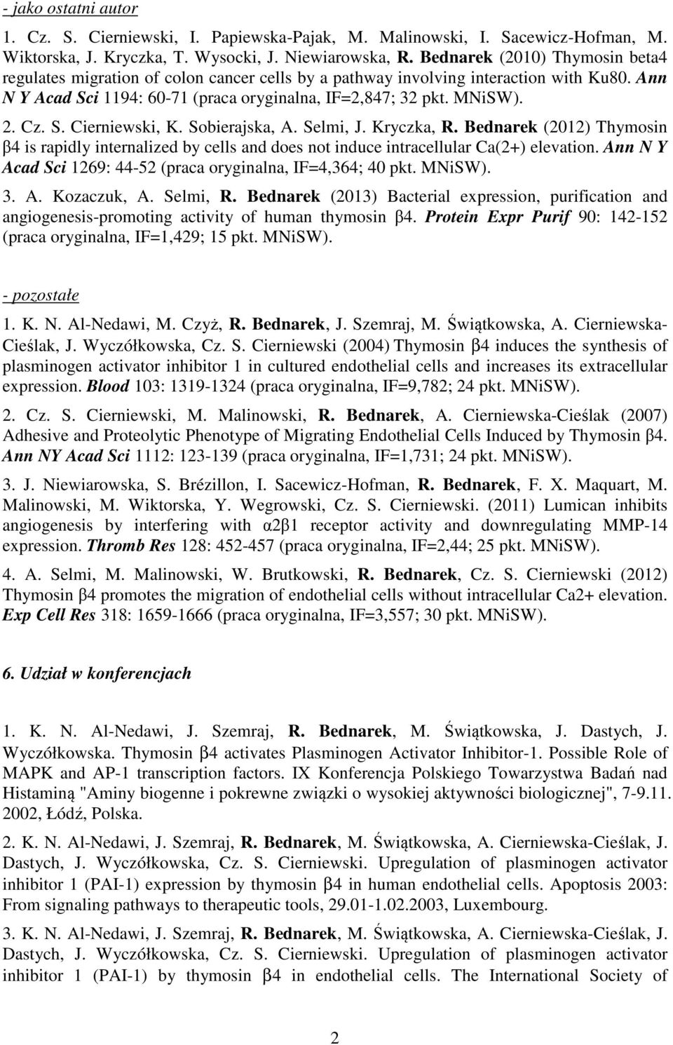 S. Cierniewski, K. Sobierajska, A. Selmi, J. Kryczka, R. Bednarek (2012) Thymosin β4 is rapidly internalized by cells and does not induce intracellular Ca(2+) elevation.