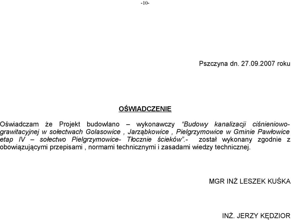 ciśnieniowograwitacyjnej w sołectwach Golasowice, Jarząbkowice, Pielgrzymowice w Gminie Pawłowice