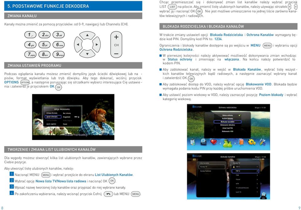 (CH) 1,- abc def 4 ghi jkl 6 mno 7pqrs tuv 9wxyz BLOKADA RODZICIELSKA I BLOKADA KANAŁÓW W trakcie zmiany ustawień opcji Blokada Rodzicielska i Ochrona Kanałów wymagany bę dzie kod PIN Domyślny kod