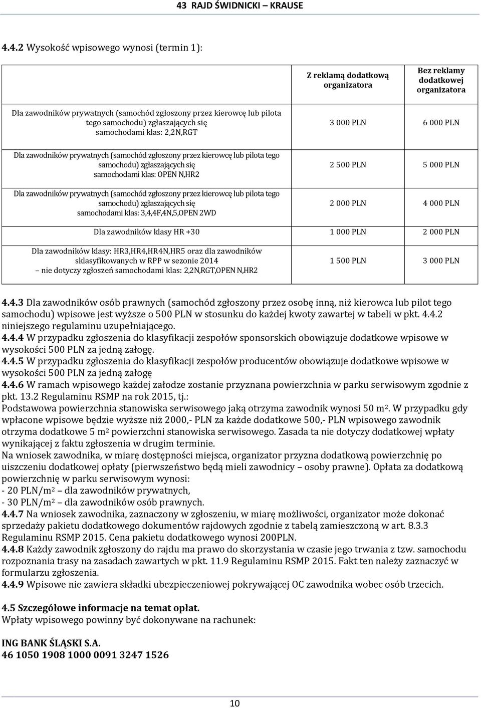 OPEN N,HR2 Dla zawodników prywatnych (samochód zgłoszony przez kierowcę lub pilota tego samochodu) zgłaszających się samochodami klas: 3,4,4F,4N,5,OPEN 2WD 2 500 PLN 5 000 PLN 2 000 PLN 4 000 PLN Dla