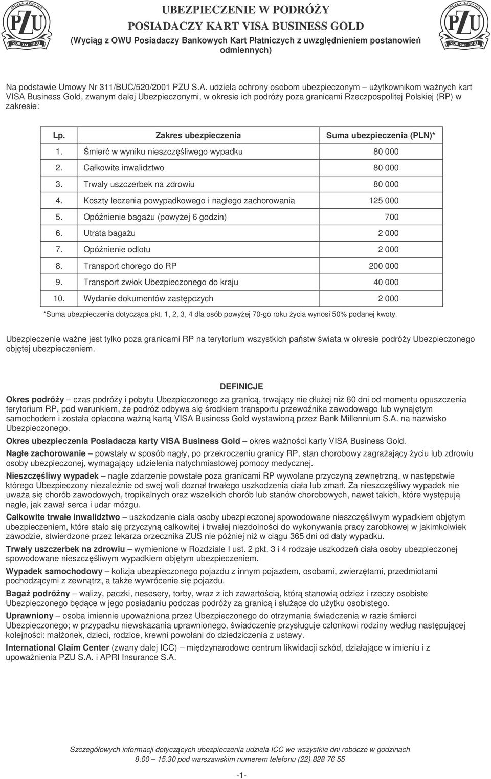 Zakres ubezpieczenia Suma ubezpieczenia (PLN)* 1. mier w wyniku nieszczliwego wypadku 80 000 2. Całkowite inwalidztwo 80 000 3. Trwały uszczerbek na zdrowiu 80 000 4.
