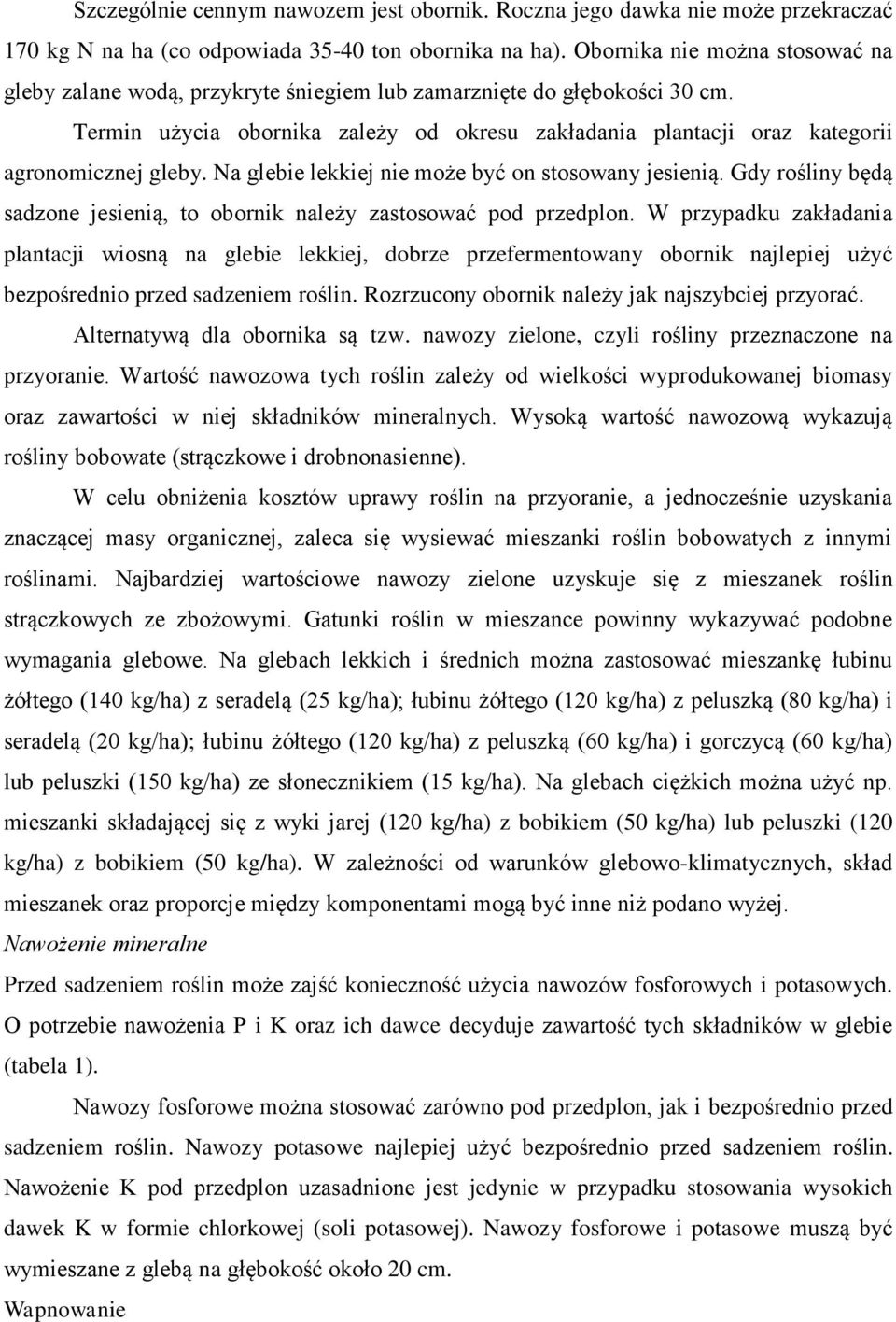 Termin użycia obornika zależy od okresu zakładania plantacji oraz kategorii agronomicznej gleby. Na glebie lekkiej nie może być on stosowany jesienią.