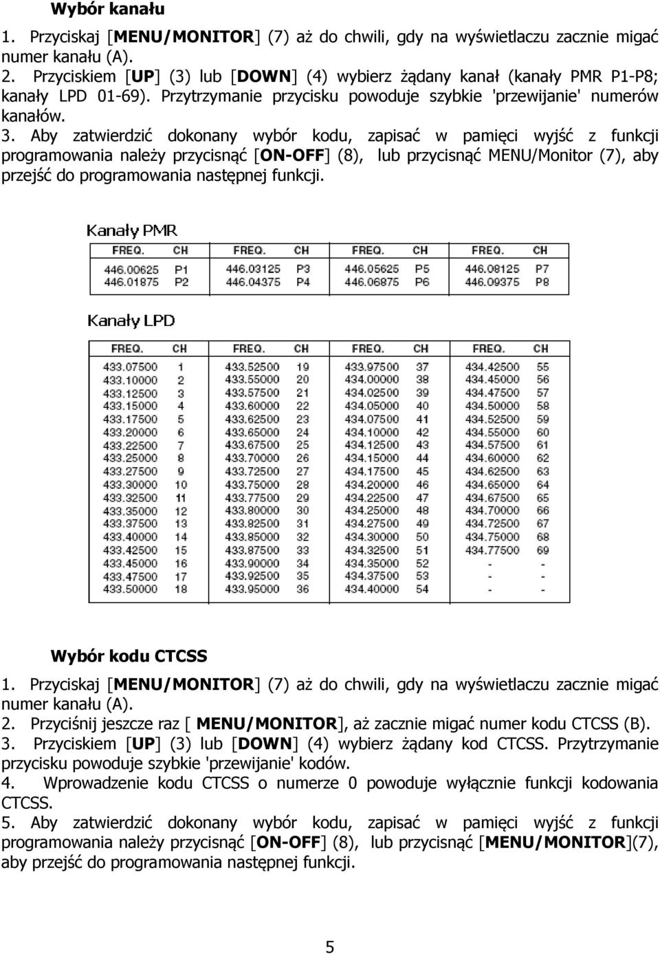 Aby zatwierdzić dokonany wybór kodu, zapisać w pamięci wyjść z funkcji programowania należy przycisnąć [ON-OFF] (8), lub przycisnąć MENU/Monitor (7), aby przejść do programowania następnej funkcji.