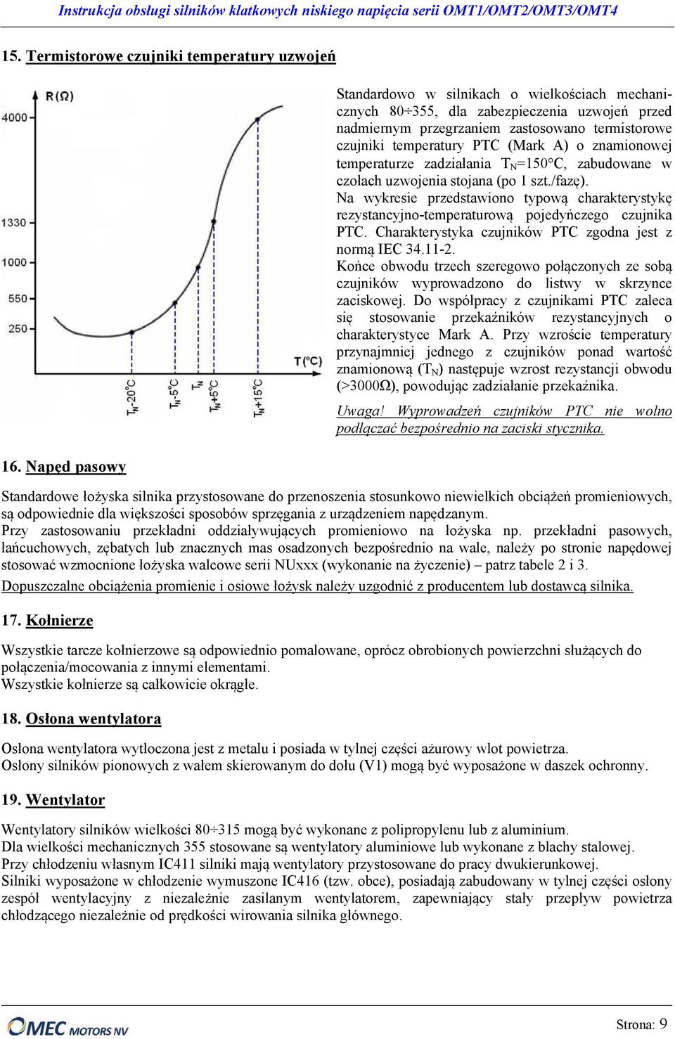 znamionowej temperaturze zadziałania T N =150 C, zabudowane w czołach uzwojenia stojana (po 1 szt./fazę).