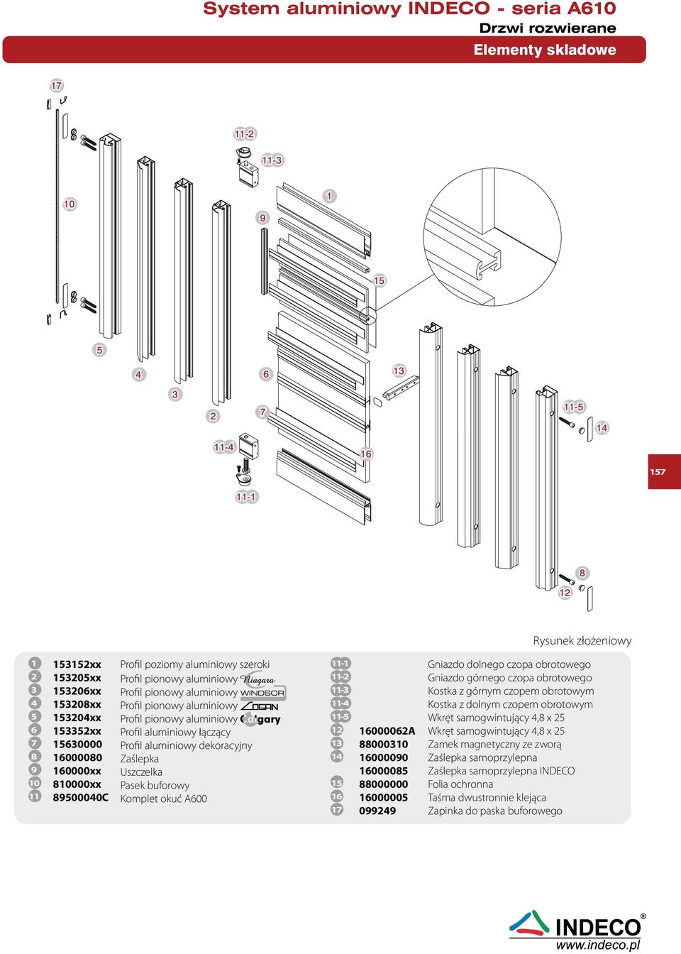 łączący Profil aluminiowy dekoracyjny Zaślepka Uszczelka Pasek buforowy Komplet okuć A600 11-1 11-2 11-3 11-4 11-5 12 13 14 15 16 17 16000062A 88000310 16000090 16000085 88000000 16000005 099249