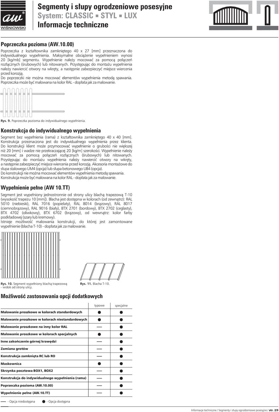Przystępując do montażu wypełnienia należy nawiercić otwory na wkręty, a następnie zabezpieczyć miejsce wiercenia przed korozją. Do poprzeczki nie można mocować elementów wypełnienia metodą spawania.
