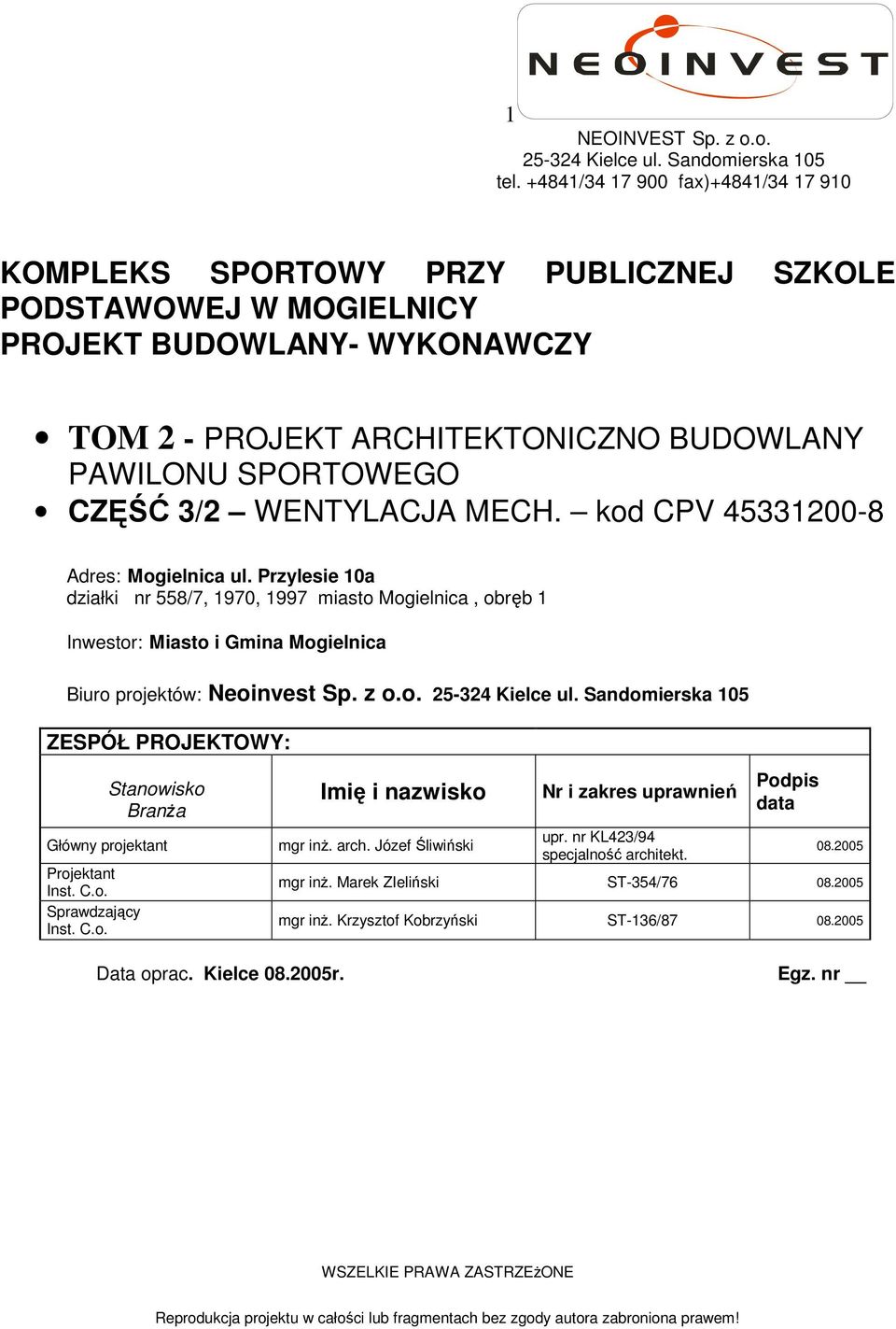 CZĘŚĆ 3/2 WENTYLACJA MECH. kod CPV 45331200-8 Adres: Mogielnica ul.