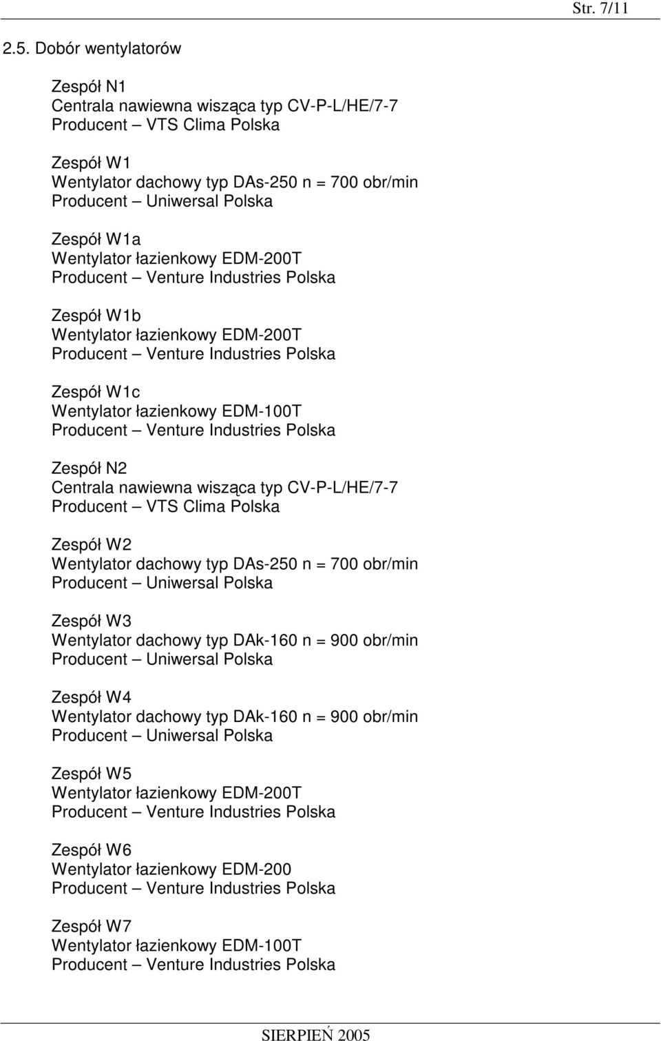 Wentylator łazienkowy EDM-200T Zespół W1b Wentylator łazienkowy EDM-200T Zespół W1c Wentylator łazienkowy EDM-100T Zespół N2 Centrala nawiewna wisząca typ CV-P-L/HE/7-7 Producent VTS Clima