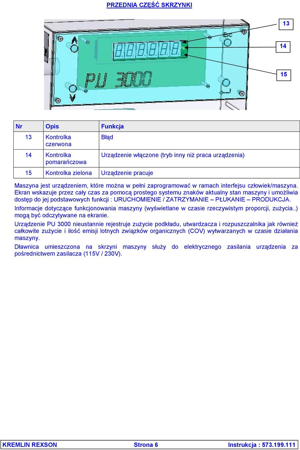 Ekran wskazuje przez cały czas za pomocą prostego systemu znaków aktualny stan maszyny i umożliwia dostęp do jej podstawowych funkcji : URUCHOMIENIE / ZATRZYMANIE PŁUKANIE PRODUKCJA.