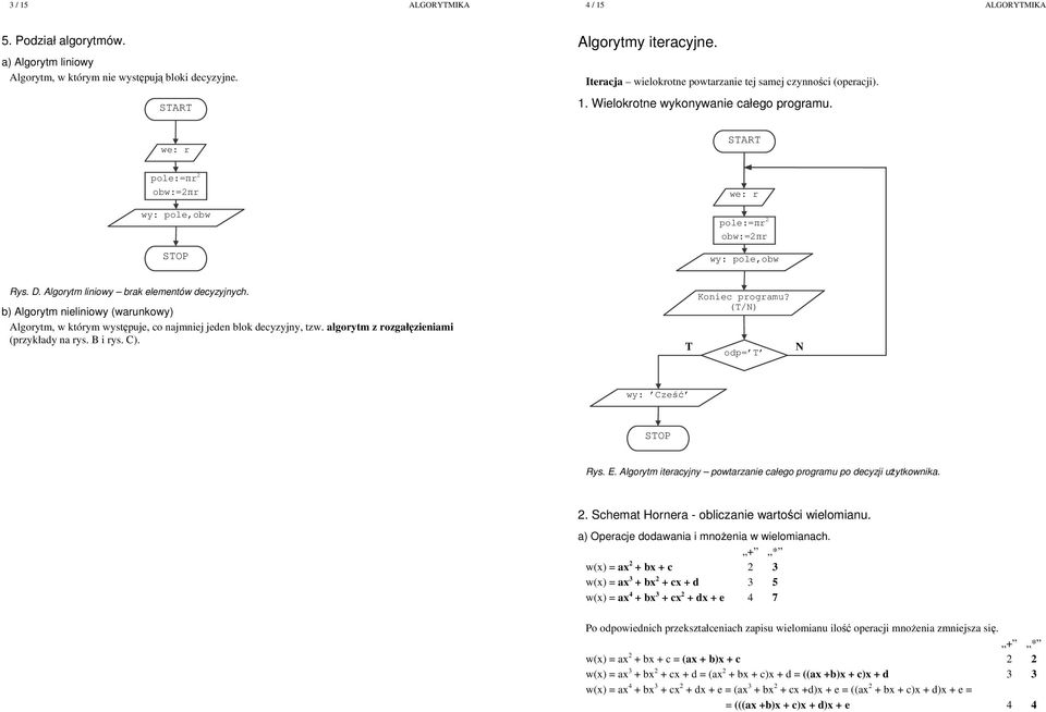 Algorytm liniowy brak elementów decyzyjnych. b) Algorytm nieliniowy (warunkowy) Algorytm, w którym wystpuje, co najmniej jeden blok decyzyjny, tzw. algorytm z rozgałzieniami (przykłady na rys.