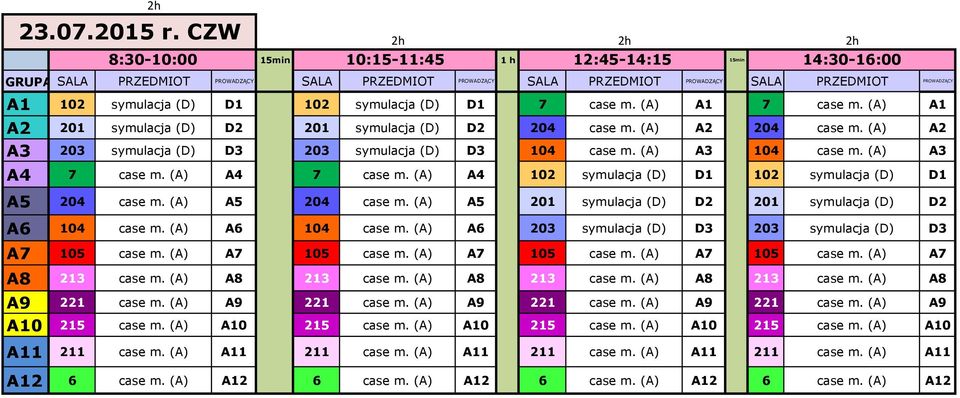 (A) A4 7 case m. (A) A4 102 symulacja (D) D1 102 symulacja (D) D1 A5 204 case m. (A) A5 204 case m. (A) A5 201 symulacja (D) D2 201 symulacja (D) D2 A6 104 case m. (A) A6 104 case m.