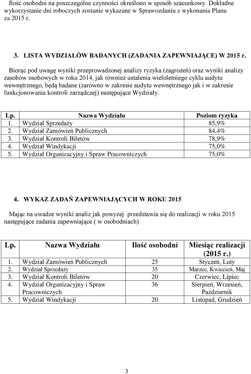 Biorąc pod uwagę wyniki przeprowadzonej analizy ryzyka (zagrożeń) oraz wyniki analizy zasobów osobowych w roku 2014, jak również ustalenia wieloletniego cyklu audytu wewnętrznego, będą badane