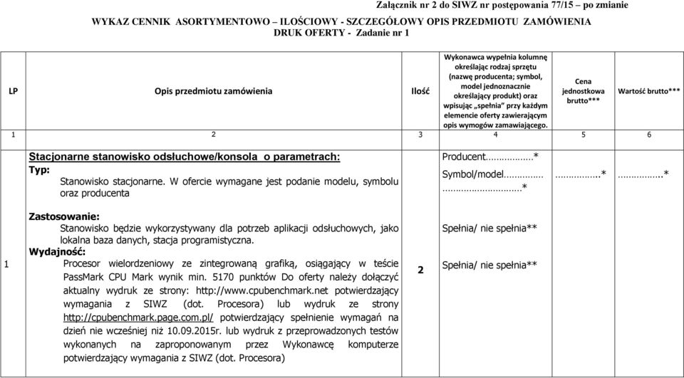 zamawiającego. Cena jednostkowa brutto*** Wartośd brutto*** 1 2 3 4 5 6 Stacjonarne stanowisko odsłuchowe/konsola o parametrach: Typ: Stanowisko stacjonarne.