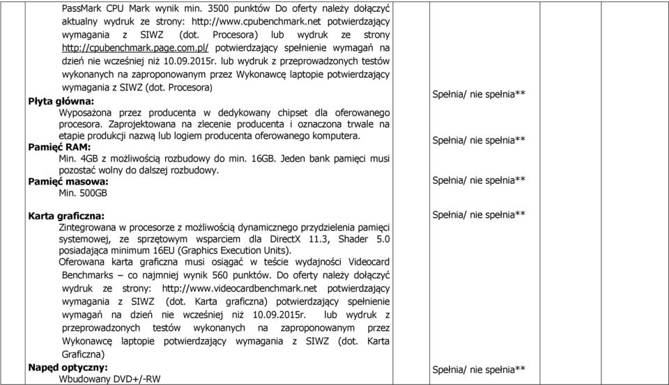 lub wydruk z przeprowadzonych testów wykonanych na zaproponowanym przez Wykonawcę laptopie potwierdzający wymagania z SIWZ (dot.