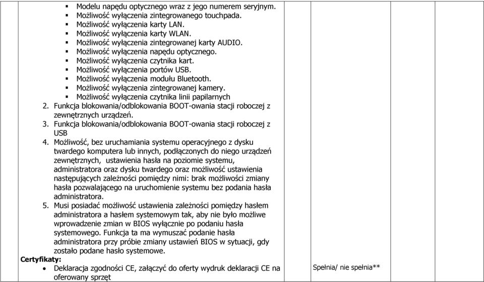 Możliwość wyłączenia zintegrowanej kamery. Możliwość wyłączenia czytnika linii papilarnych 2. Funkcja blokowania/odblokowania BOOT-owania stacji roboczej z zewnętrznych urządzeń. 3.