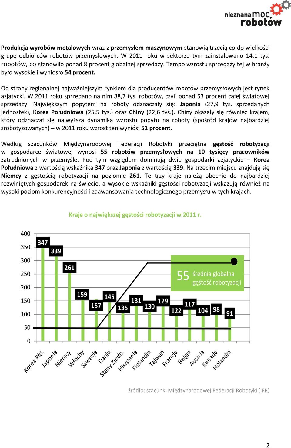 Od strony regionalnej najważniejszym rynkiem dla producentów robotów przemysłowych jest rynek azjatycki. W 2011 roku sprzedano na nim 88,7 tys.