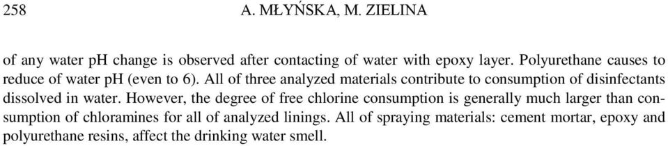 All of three analyzed materials contribute to consumption of disinfectants dissolved in water.