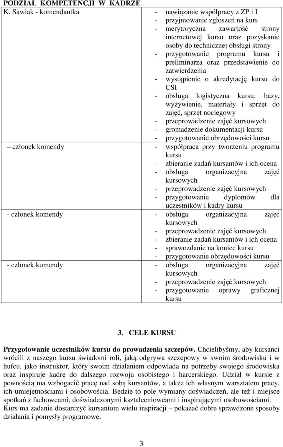 przygotowanie programu kursu i preliminarza oraz przedstawienie do zatwierdzenia - wystąpienie o akredytację kursu do CSI - obsługa logistyczna kursu: bazy, wyżywienie, materiały i sprzęt do zajęć,