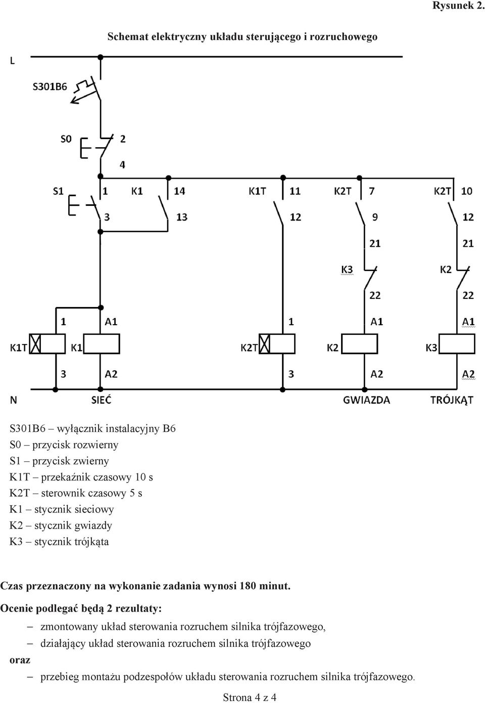 przekaźnik czasowy 10 s K2T sterownik czasowy 5 s K1 stycznik sieciowy K2 stycznik gwiazdy K3 stycznik trójkąta Czas przeznaczony na