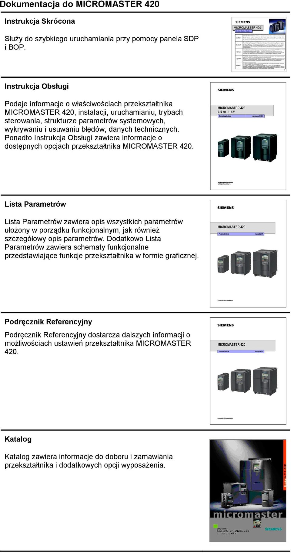 danych technicznych. Ponadto Instrukcja Obsługi zawiera informacje o dostępnych opcjach przekształtnika MICROMASTER 420.