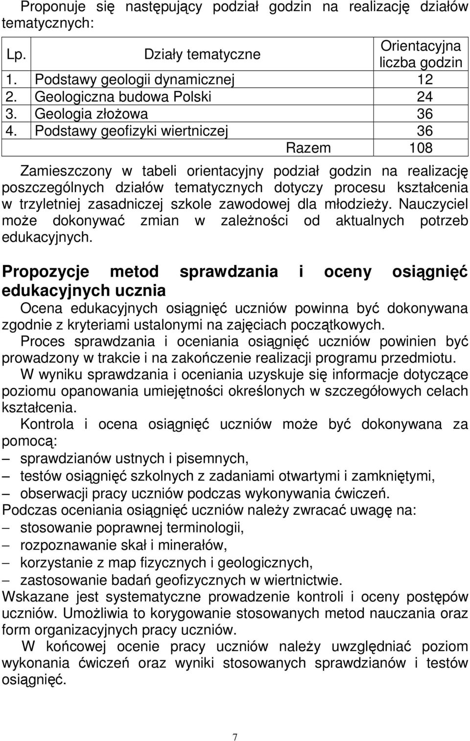 Podstawy geofizyki wiertniczej 36 Razem 108 Zamieszczony w tabeli orientacyjny podział godzin na realizację poszczególnych działów tematycznych dotyczy procesu kształcenia w trzyletniej zasadniczej
