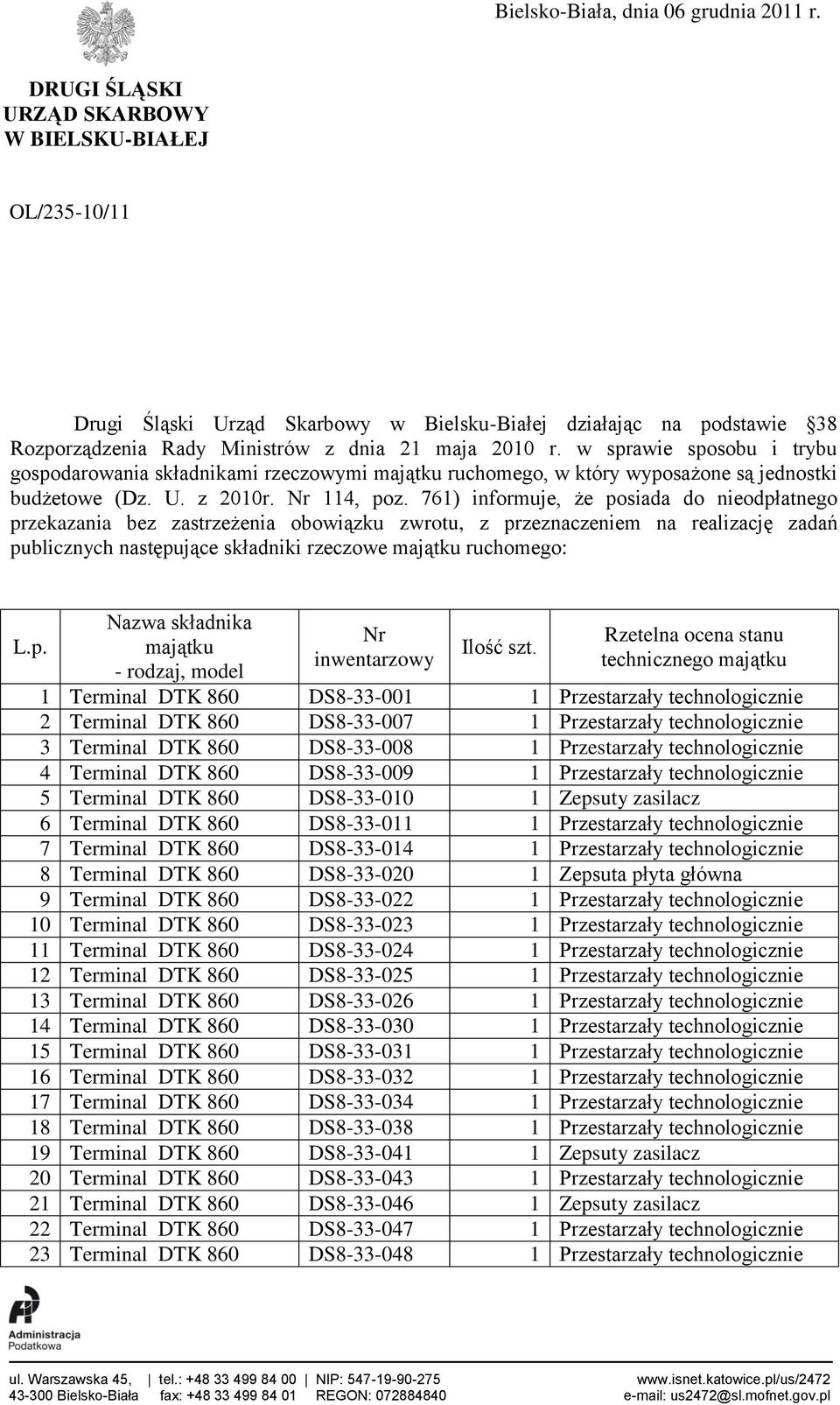 w sprawie sposobu i trybu gospodarowania składnikami rzeczowymi majątku ruchomego, w który wyposażone są jednostki budżetowe (Dz. U. z 2010r. Nr 114, poz.