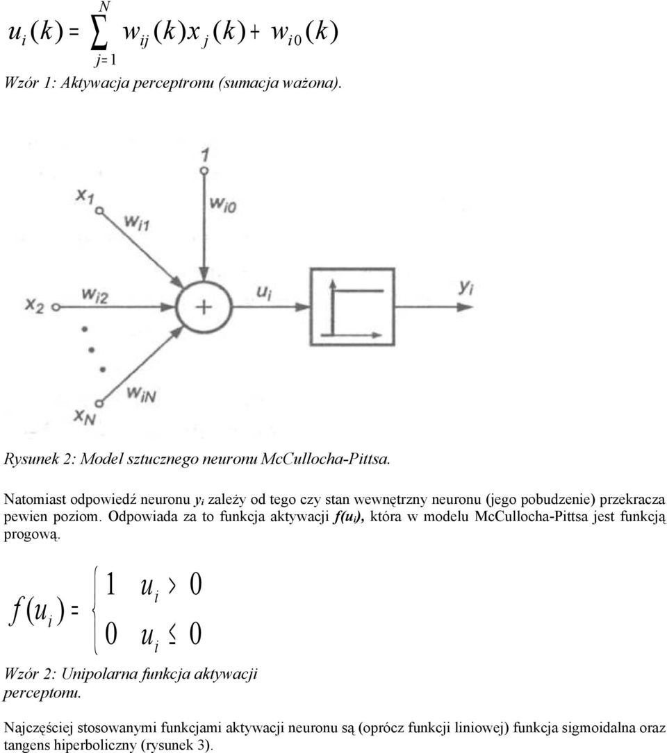 Odpowada za to funkcja aktywacj f(u ), która w modelu McCullocha-Pttsa jest funkcją progową.