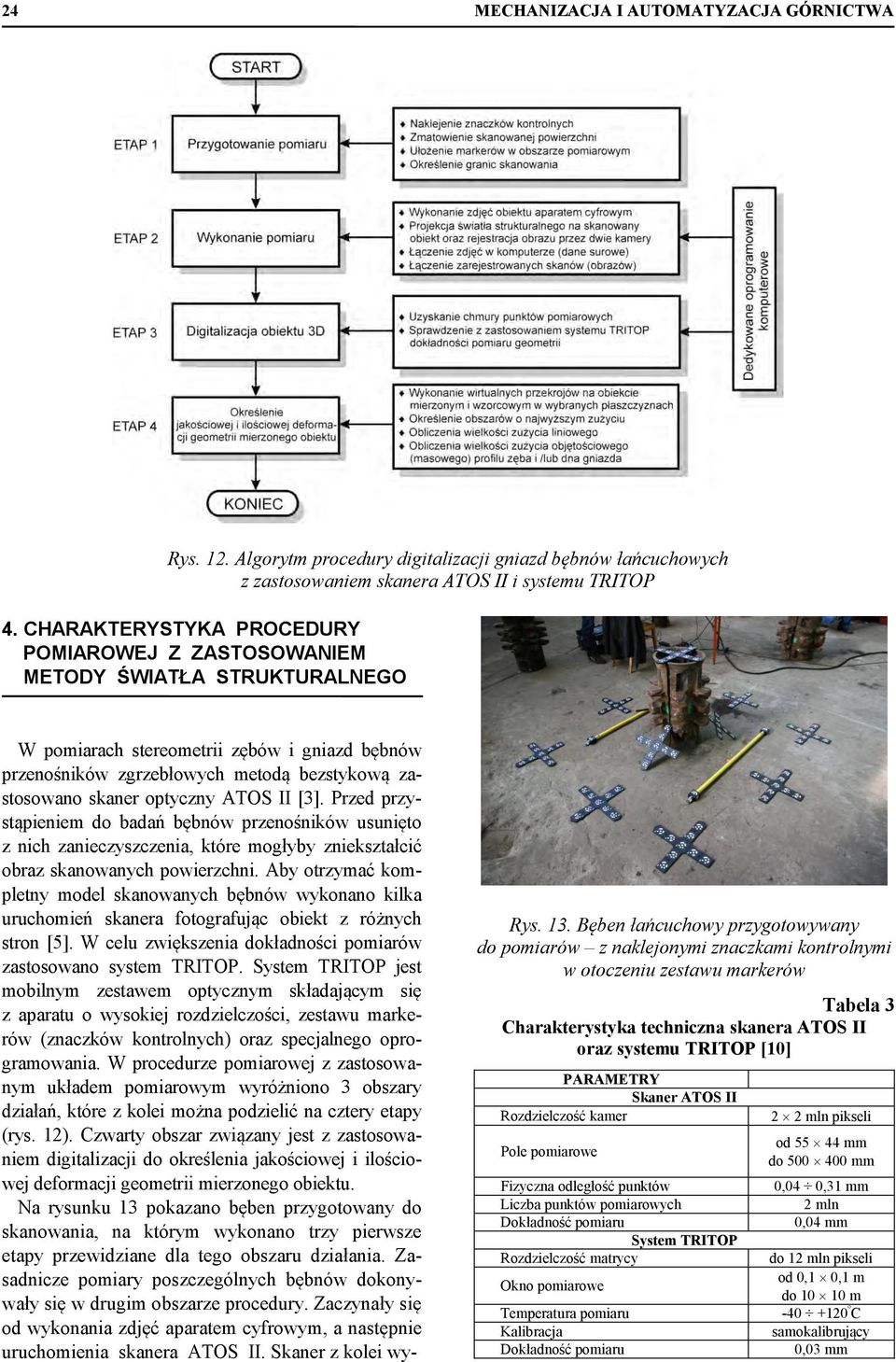 optyczny ATOS II [3]. Przed przystąpieniem do badań bębnów przenośników usunięto z nich zanieczyszczenia, które mogłyby zniekształcić obraz skanowanych powierzchni.