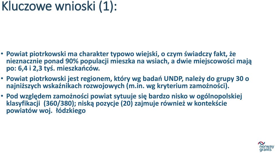 Powiat piotrkowski jest regionem, który wg badań UNDP, należy do grupy 30 o najniższych wskaźnikach rozwojowych (m.in.