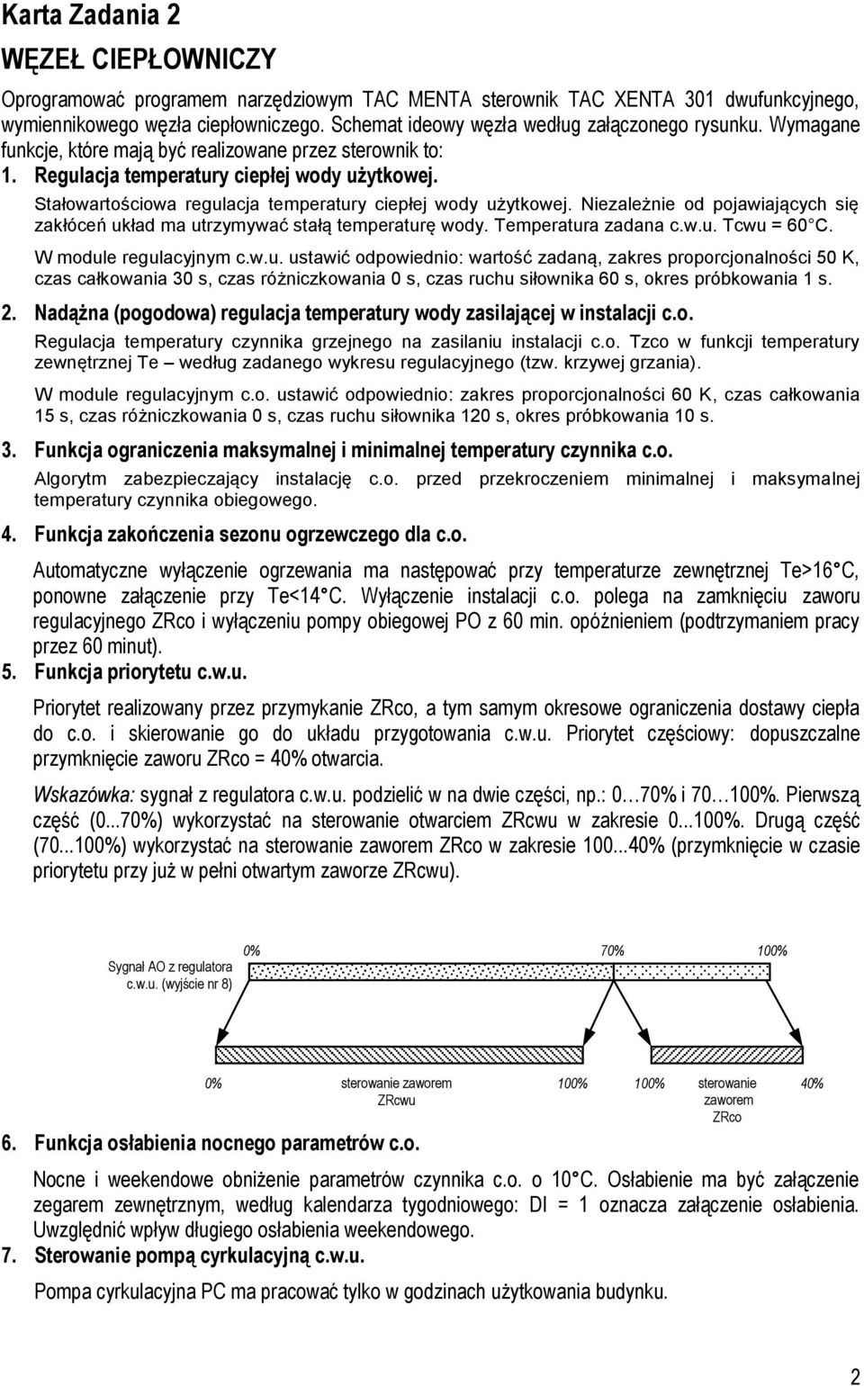 Stałowartościowa regulacja temperatury ciepłej wody użytkowej. Niezależnie od pojawiających się zakłóceń układ ma utrzymywać stałą temperaturę wody. Temperatura zadana c.w.u. Tcwu = 60 C.