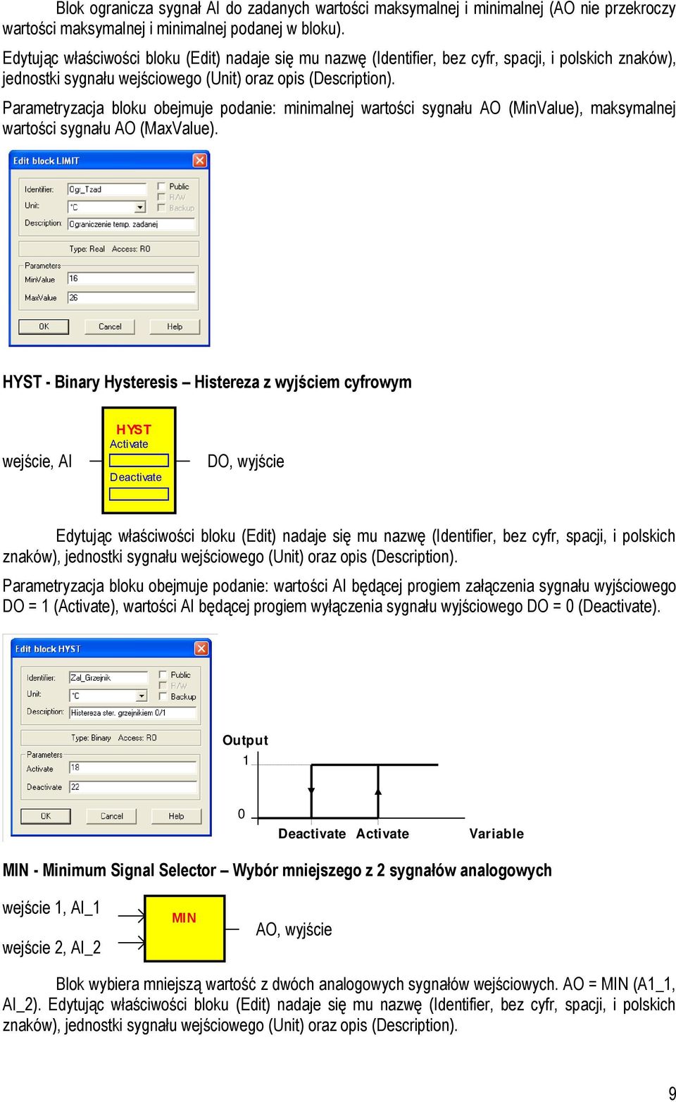 HYST - Binary Hysteresis Histereza z wyjściem cyfrowym wejście, AI HYST Activate Deactivate DO, wyjście Edytując właściwości bloku (Edit) nadaje się mu nazwę (Identifier, bez cyfr, spacji, i polskich