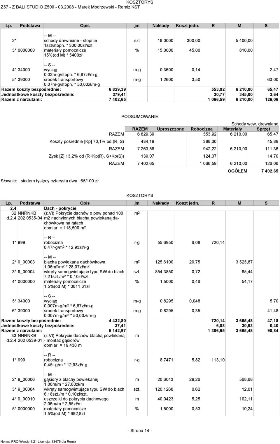 * 50,00zł/m-g Razem koszty bezpośrednie: 6 829,39 553,92 6 210,00 65,47 Jednostkowe koszty bezpośrednie: 379,41 30,77 345,00 3,64 Razem z narzutami: 7 402,65 1 066,59 6 210,00 126,06 Schody wew.