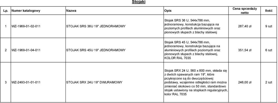 oraz pionowych słupach z blachy stalowej, KOLOR 351,54 zł 6 szt 3 WZ-2493-01-01-011 STOJAK SRX 24U 19" DWURAMOWY Stojak SRX 24 U, 560 x 800 mm, składa się z dwóch spawanych ram 19",